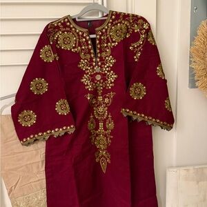 Ethnic Elegant Maroon and Gold Embroidered Tunic Pakistani 3pcs